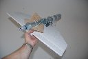 The prototype is just a simple free flight place. I added some plastic plumbing pieces to give it about the same center of gravity and weight as the R/C rocket plane.