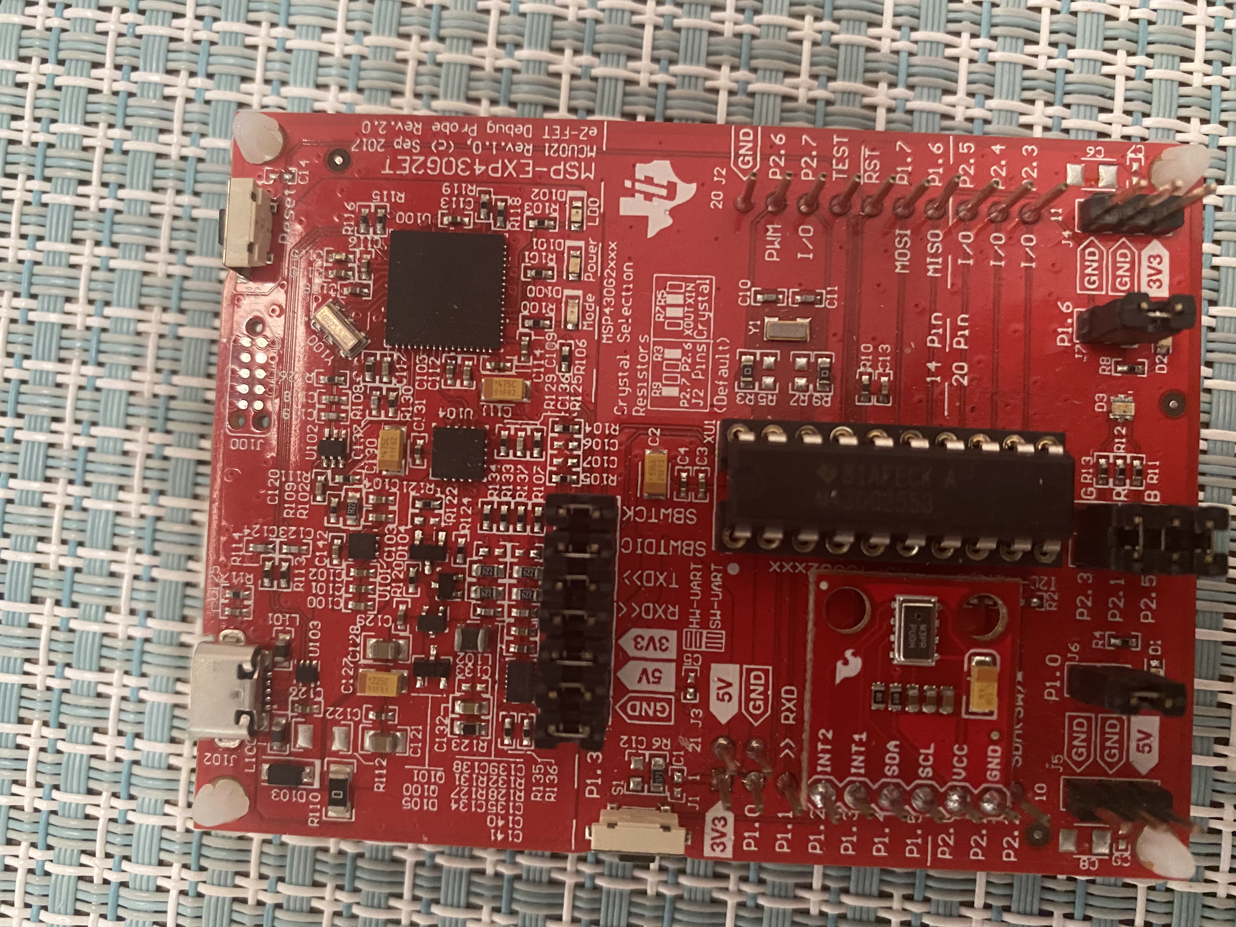 Here is my MSP430 with the barometric board on it and nothing else so far